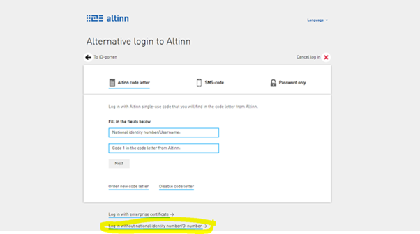 Photo:  Select "Log in without national identity number/D-number"
